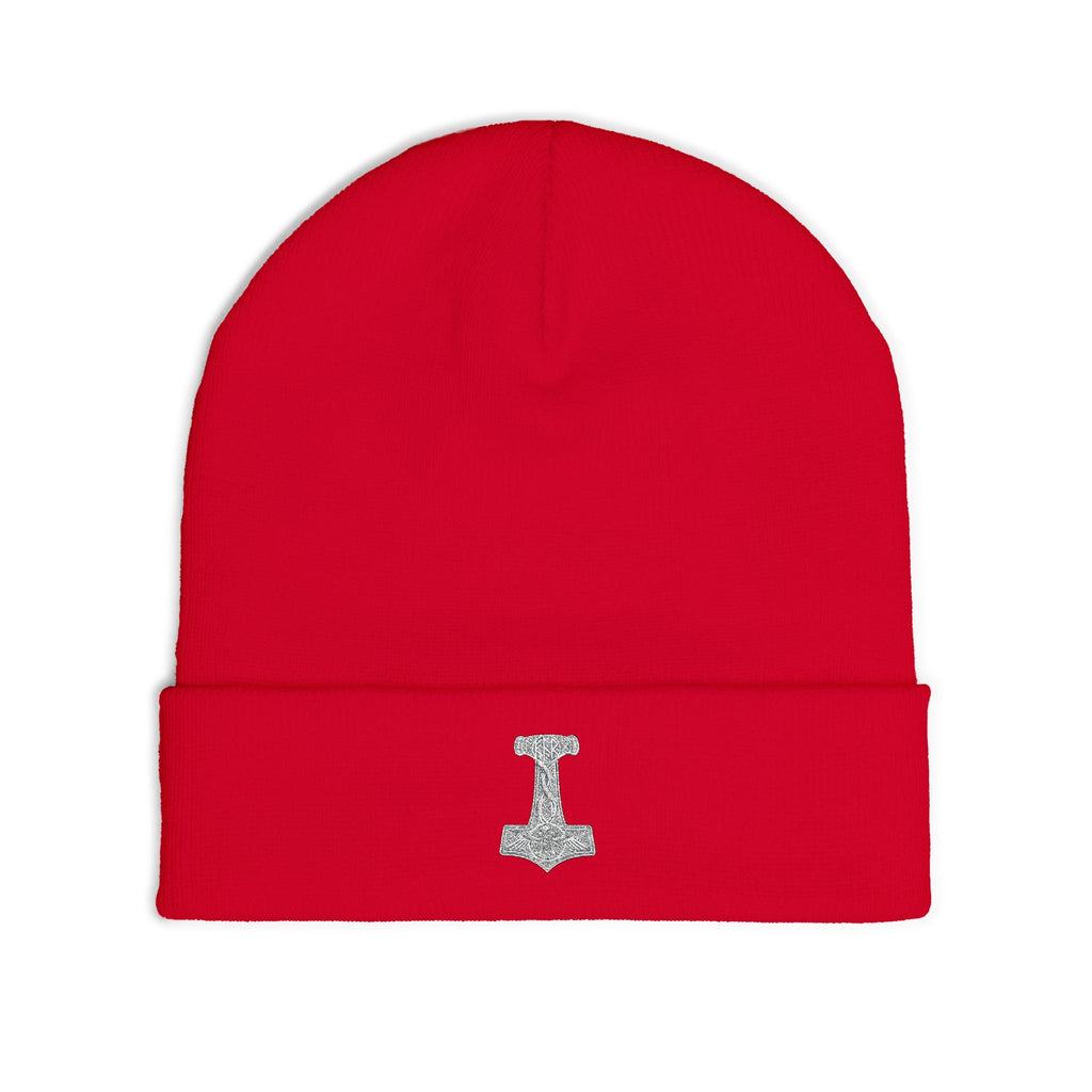 Embroidered Thor Hammer Knit Beanie — Silver Mjolnir Winter Hat