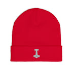 Embroidered Thor Hammer Knit Beanie — Silver Mjolnir Winter Hat