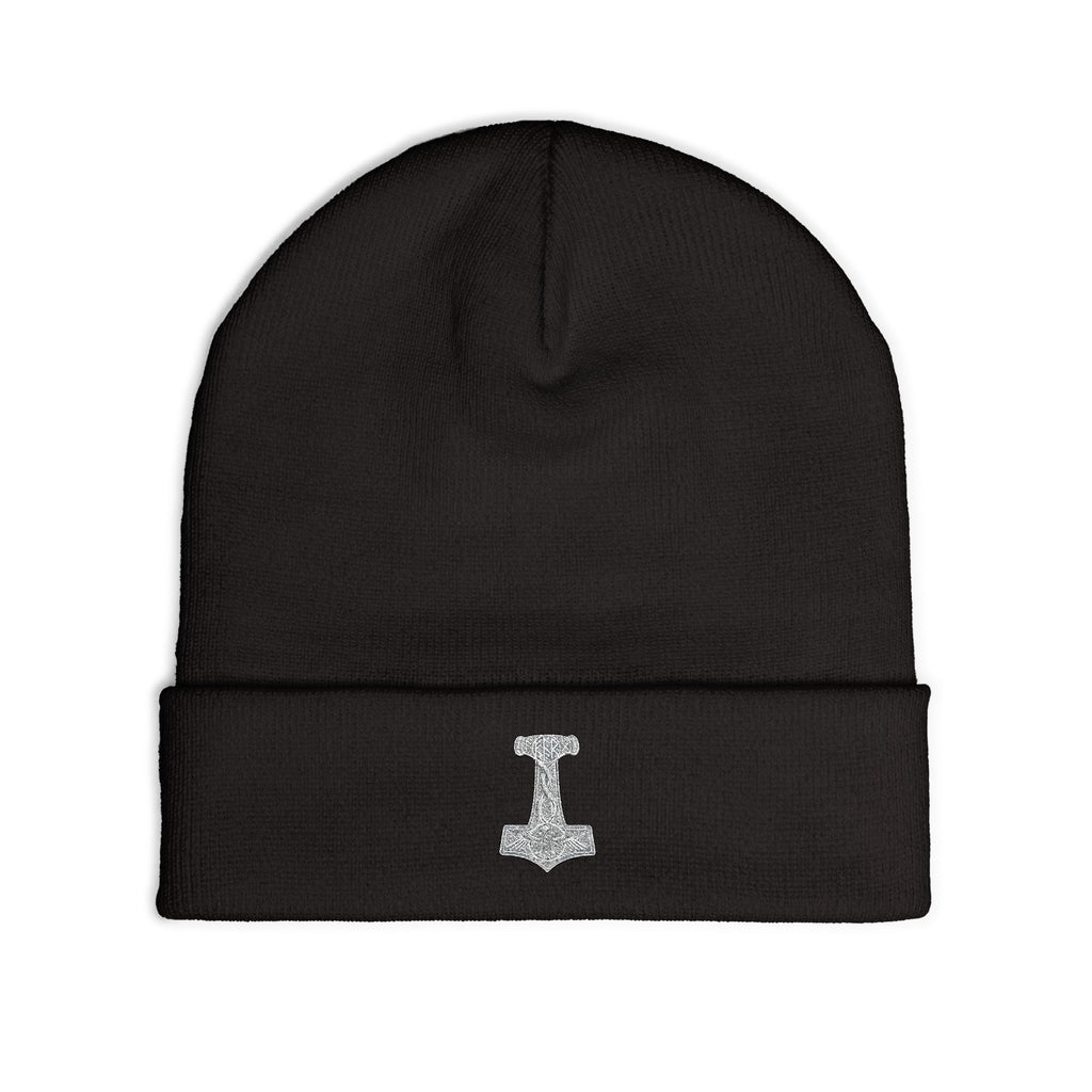 Embroidered Thor Hammer Knit Beanie — Silver Mjolnir Winter Hat