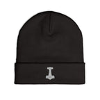Embroidered Thor Hammer Knit Beanie — Silver Mjolnir Winter Hat
