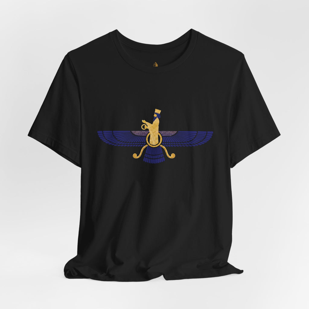 Lapis Lazuli Faravahar Zoroastrian Symbol T-Shirt – Ancient Persian Winged Sun Tee
