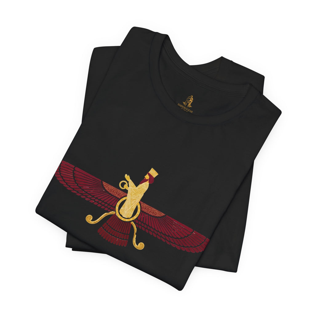 Blood Red Faravahar Zoroastrian Symbol T-Shirt — Ancient Persian Winged Sun Tee