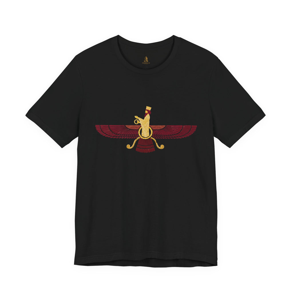Blood Red Faravahar Zoroastrian Symbol T-Shirt — Ancient Persian Winged Sun Tee