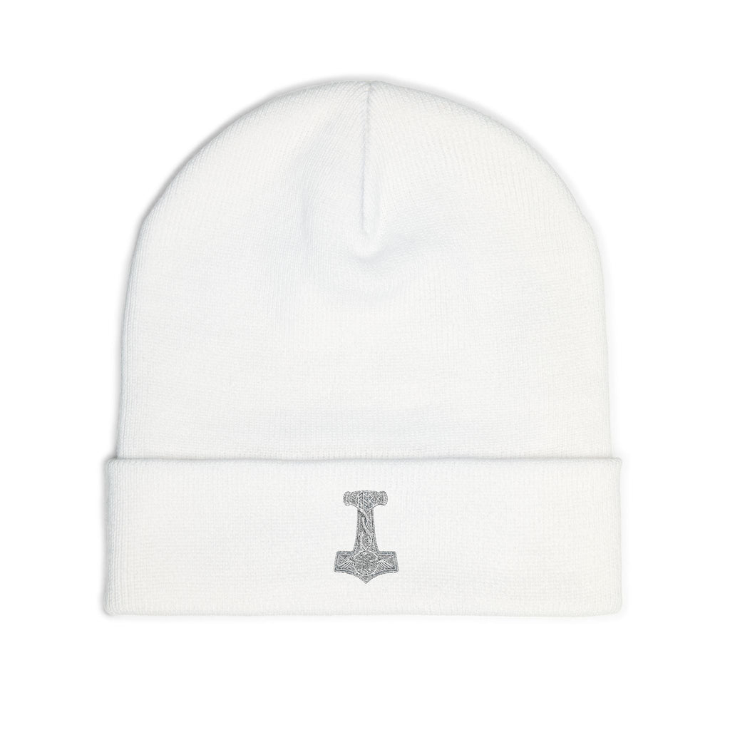 Embroidered Thor Hammer Knit Beanie — Silver Mjolnir Winter Hat