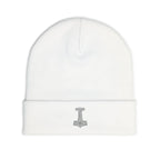 Embroidered Thor Hammer Knit Beanie — Silver Mjolnir Winter Hat