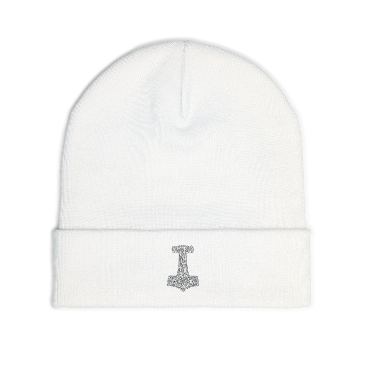 Embroidered Thor Hammer Knit Beanie — Silver Mjolnir Winter Hat
