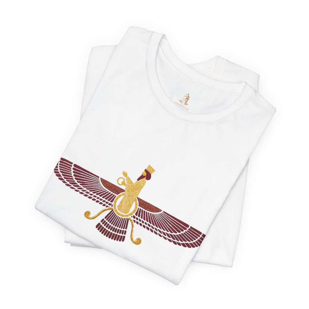 Blood Red Faravahar Zoroastrian Symbol T-Shirt — Ancient Persian Winged Sun Tee