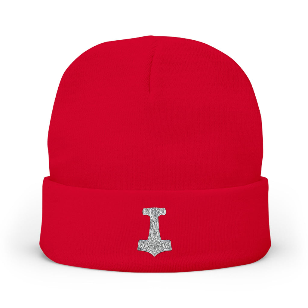 Embroidered Thor Hammer Knit Beanie — Silver Mjolnir Winter Hat