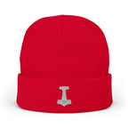 Embroidered Thor Hammer Knit Beanie — Silver Mjolnir Winter Hat