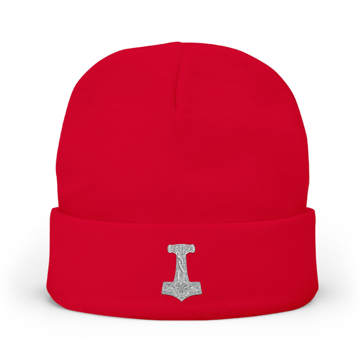 Embroidered Thor Hammer Knit Beanie — Silver Mjolnir Winter Hat