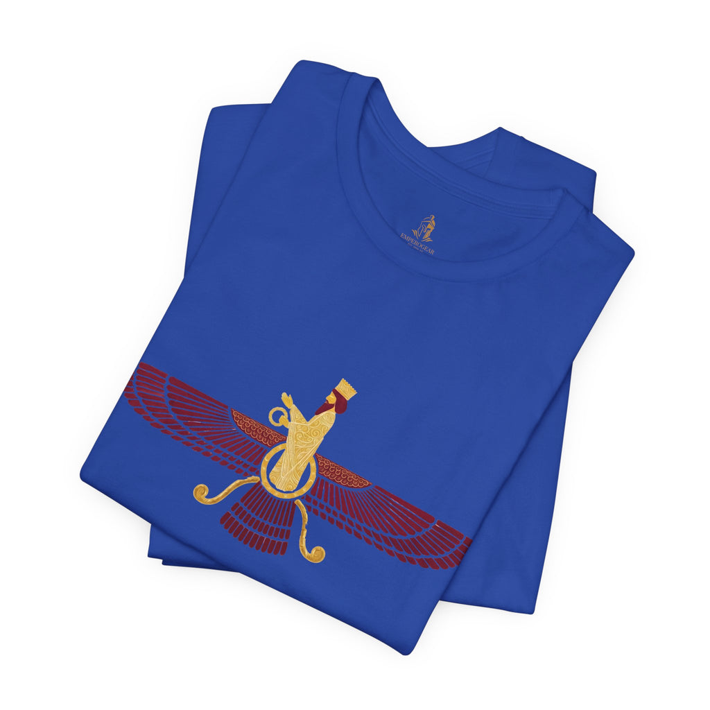 Blood Red Faravahar Zoroastrian Symbol T-Shirt — Ancient Persian Winged Sun Tee