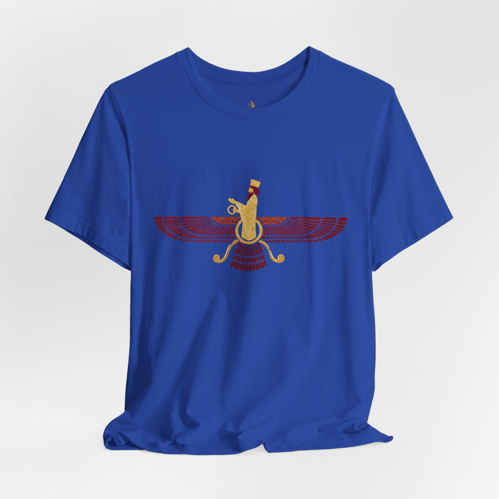 Blood Red Faravahar Zoroastrian Symbol T-Shirt — Ancient Persian Winged Sun Tee