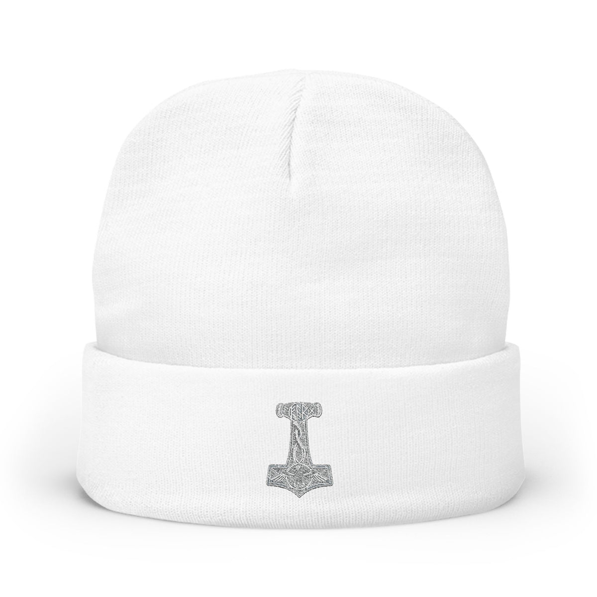 Embroidered Thor Hammer Knit Beanie — Silver Mjolnir Winter Hat