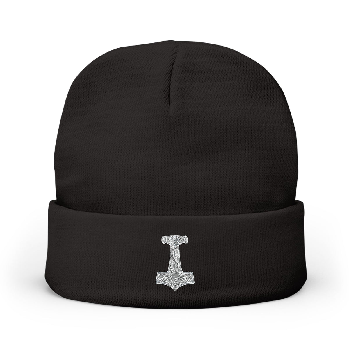 Embroidered Thor Hammer Knit Beanie — Silver Mjolnir Winter Hat