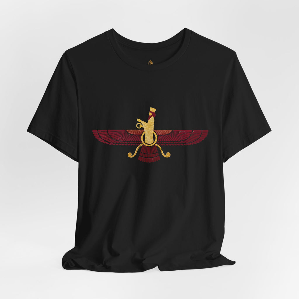 Blood Red Faravahar Zoroastrian Symbol T-Shirt — Ancient Persian Winged Sun Tee